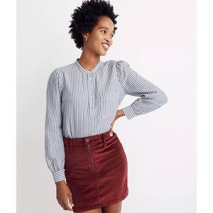 NWT Madewell Puff-Sleeve Popover Quarter Button Up Shirt in Railroad Stripe Sz L